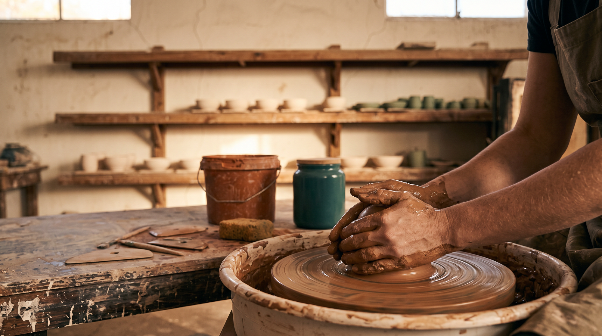Two clay-covered hands centring a ball of clay on a pottery wheel, with studio benches and shelves behind