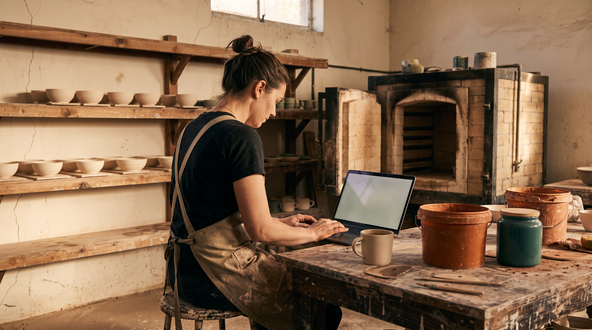 A studio owner working at a laptop on the studio bench at the end of the day, with the kiln and shelves of bisque behind her